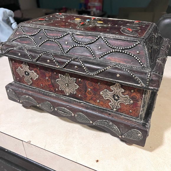 Other - Ornate Moroccan Wooden and Leather Jewelry Box with Silver and Stone Accents